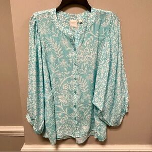 Zac & Rachel Woman Sz 1X Floral Blue Button-Up Blouse NWT BOHO Cottagecore